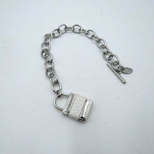 Charming Charlie Padlock Charm Bracelet Silver Tone Toggle White Leather Chunky‎